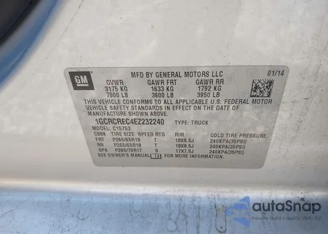 2014 Chevrolet Silverado 1500 1Lt from USA, damaged, VIN 1GCRCREC4EZ232240